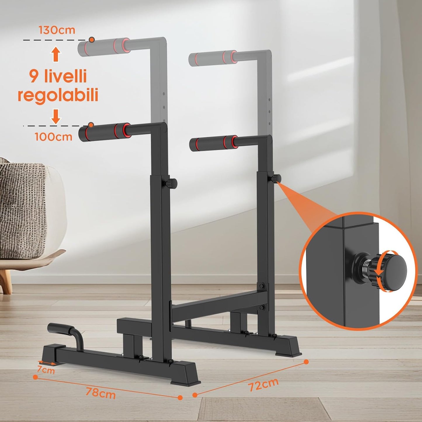 DH FitLife Barres de Dips | Station de Dips Hauteur Réglable (100-130 cm, 9 Niveaux) | Parallettes Musculation & Calisthenics | Appareil de Fitness pour la Maison