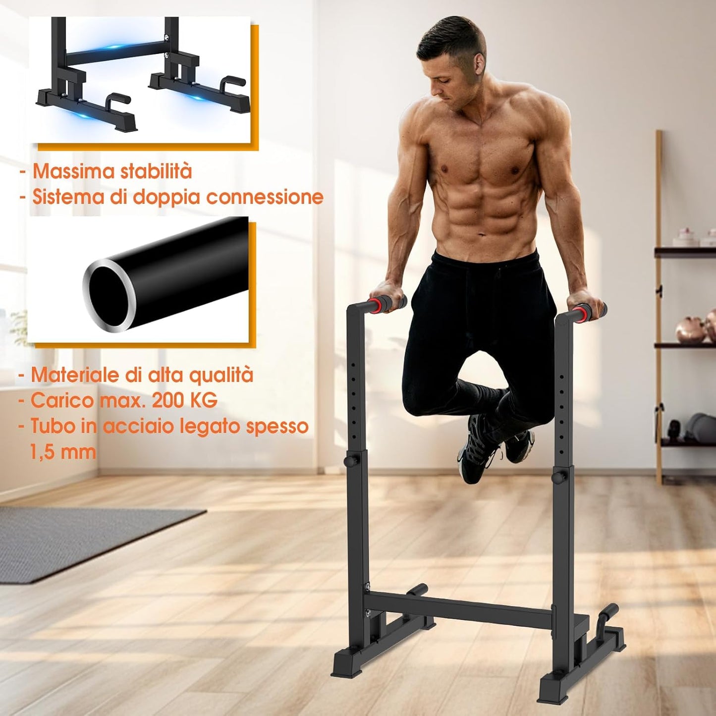 DH FitLife Barres de Dips | Station de Dips Hauteur Réglable (100-130 cm, 9 Niveaux) | Parallettes Musculation & Calisthenics | Appareil de Fitness pour la Maison